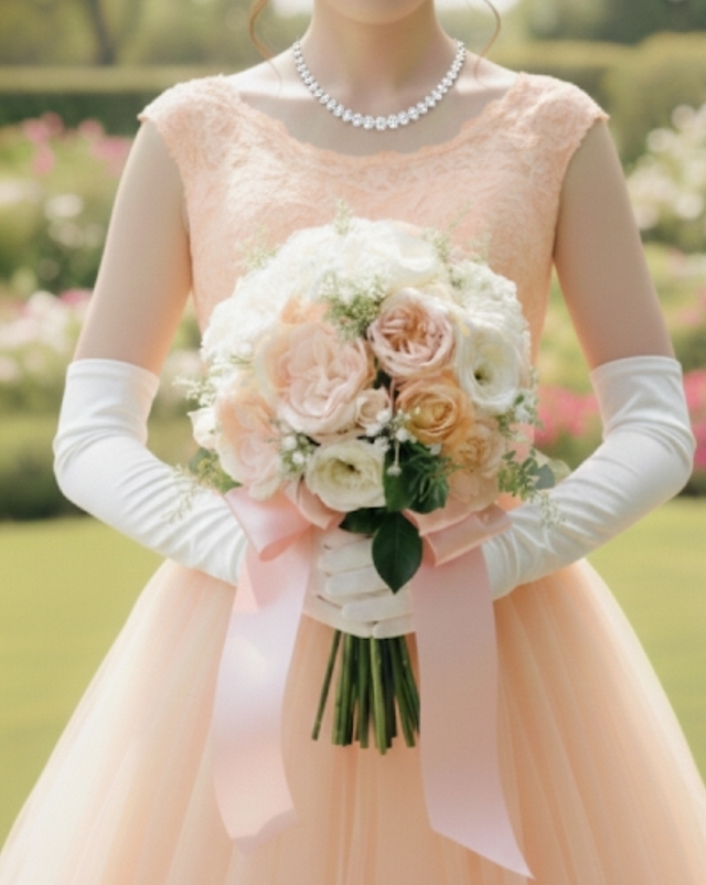 ガーデンローズ&ガーベラのピーチカラーのクラッチブーケ