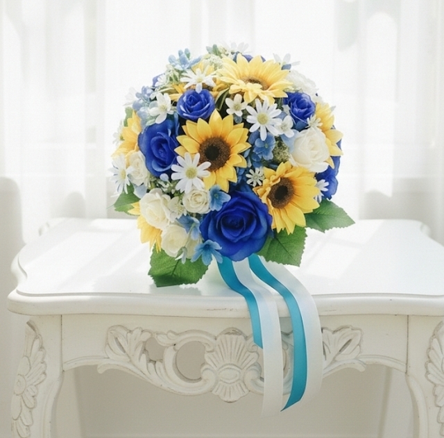 ひまわり＆マーガレット＆ロイヤルブルーのミニバラ の爽やかラウンドブーケ