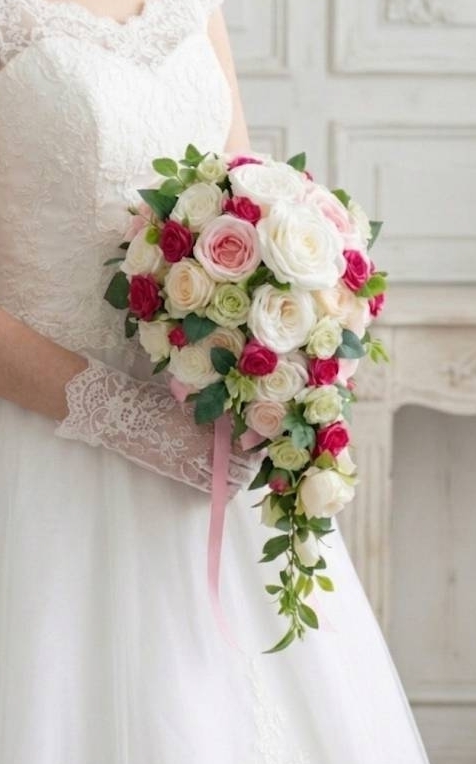 キャスケードブーケ 薔薇 白&ピンク系|造花ウェディングブーケ(アーティフィシャルフラワー)