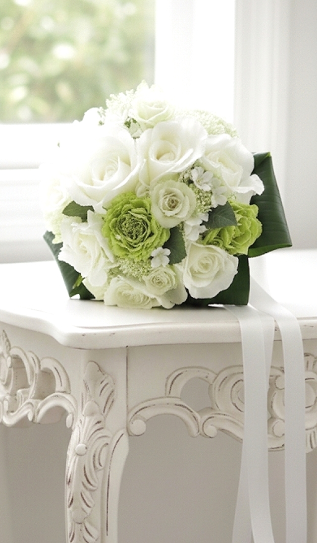 薔薇とグリーンのラナンキュラス＆ミニ薔薇のラウンドブーケ