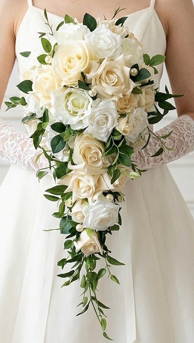 キャスケードブーケ 薔薇　白＆ピンク系｜造花ウエディングブーケ（アーティフィシャルフラワー）