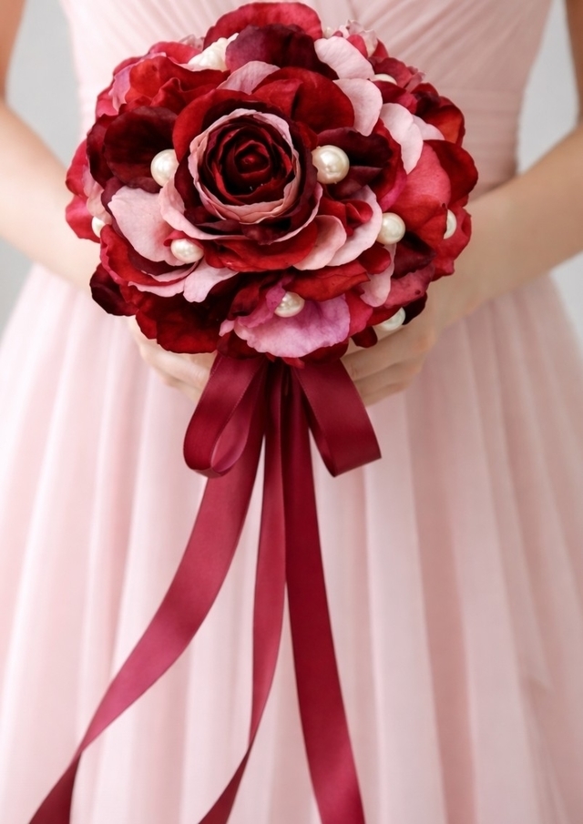 レッド＆ワインカラー＆ソフトピンクのグラデーション・大粒パールのシックエレガントなグランメリアブーケ