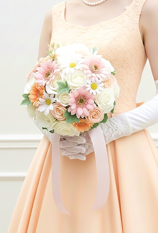 白薔薇＆ガーベラ＆マーガレットのパステルカラーのラウンドブーケ