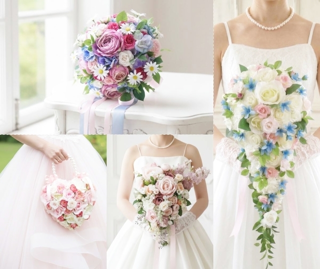 プリンセスラインドレスに合わせた華やかなキャスケードブーケ