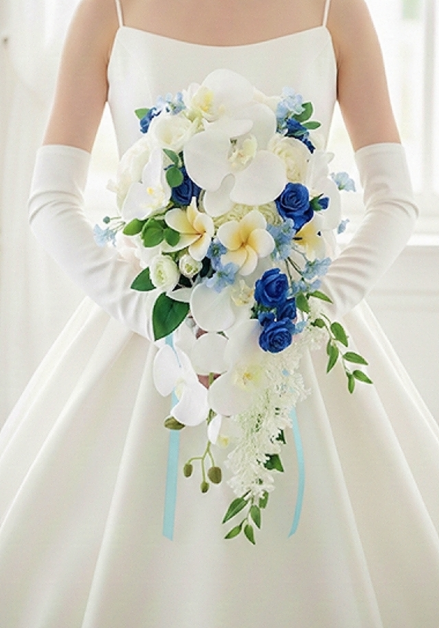 キャスケードブーケ 胡蝶蘭 プルメリア 白&ブルー系|造花ウエディングブーケ(アーティフィシャルフラワー)