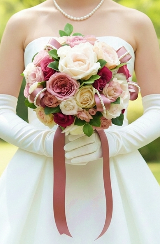 ピンクグラデーションの薔薇＆リボン・パール使いのフェミニンなラウンドブーケ