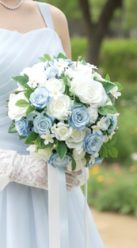 白薔薇＆ライトブルーのミニ薔薇の清楚なラウンドブーケ