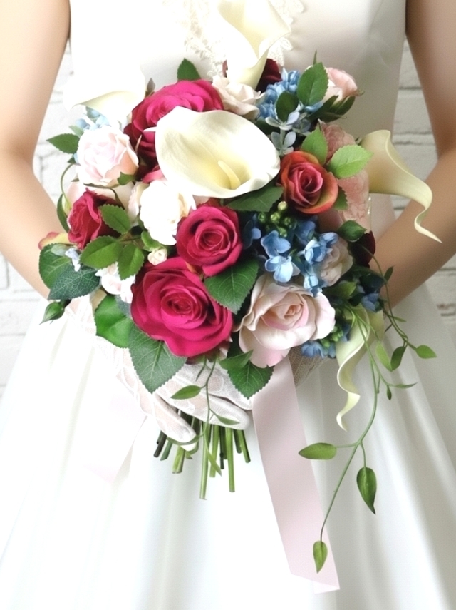 カラー＆薔薇＆ブルーの小花のフェミニンなクラッチブーケ