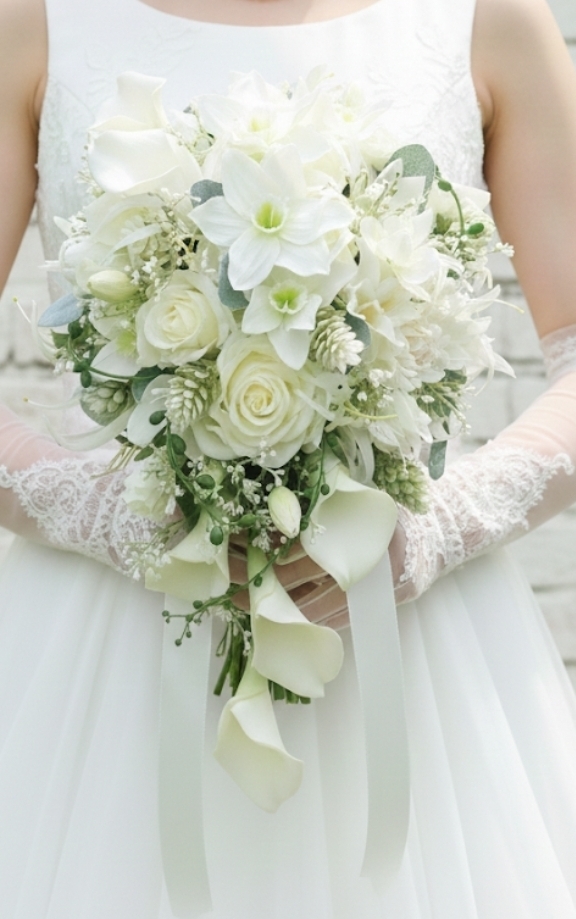 ダリア＆カラー＆ユーチャリス＆薔薇のフリースタイルブーケ