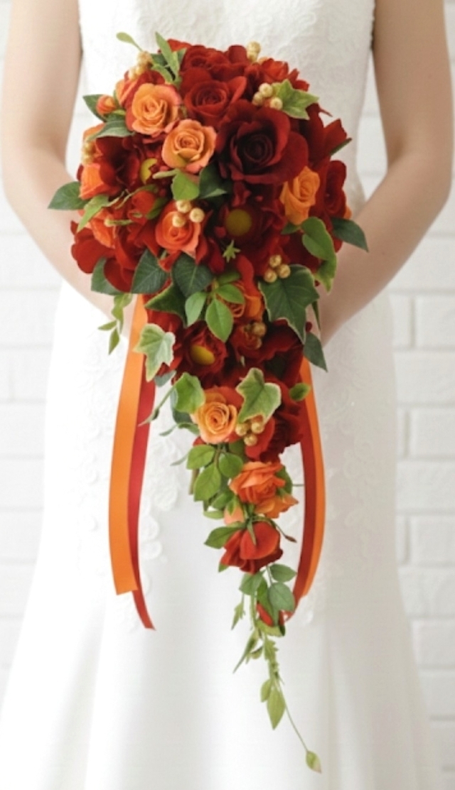 真紅＆オレンジの薔薇のエレガントキャスケードブーケ