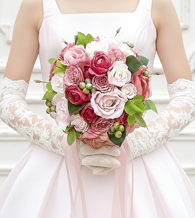 ビビットピンク＆ソフトピンク＆実の物のキュートなラウンドブーケ