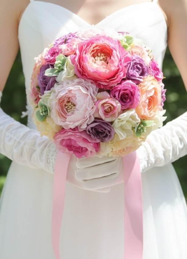 カラフルなラナンキュラス＆パープルの薔薇の大人スィートなラウンドブーケ