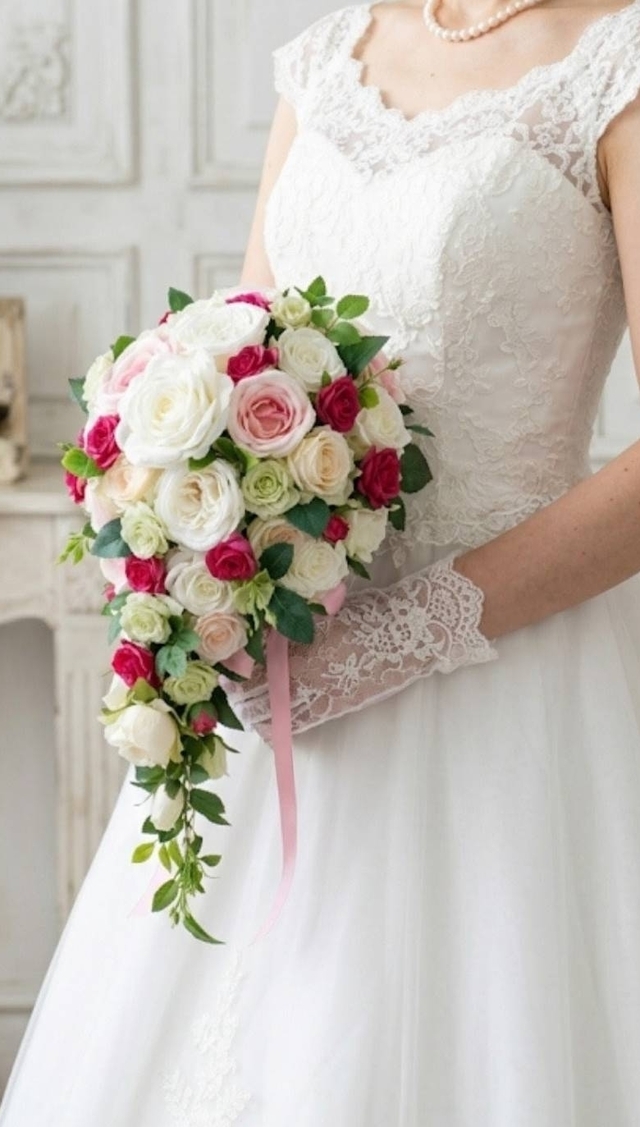 ローズピンク&グリーンのミニバラの華やか上品セミロングキャスケードブーケ|造花ウエディング