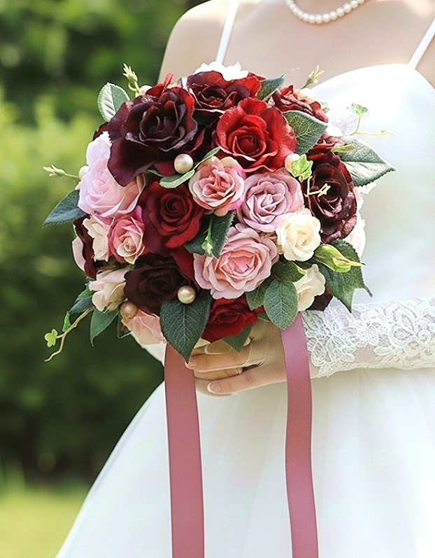 ワイン&ローズ&ソフトピンクの薔薇の大人エレガンスなラウンドブーケ