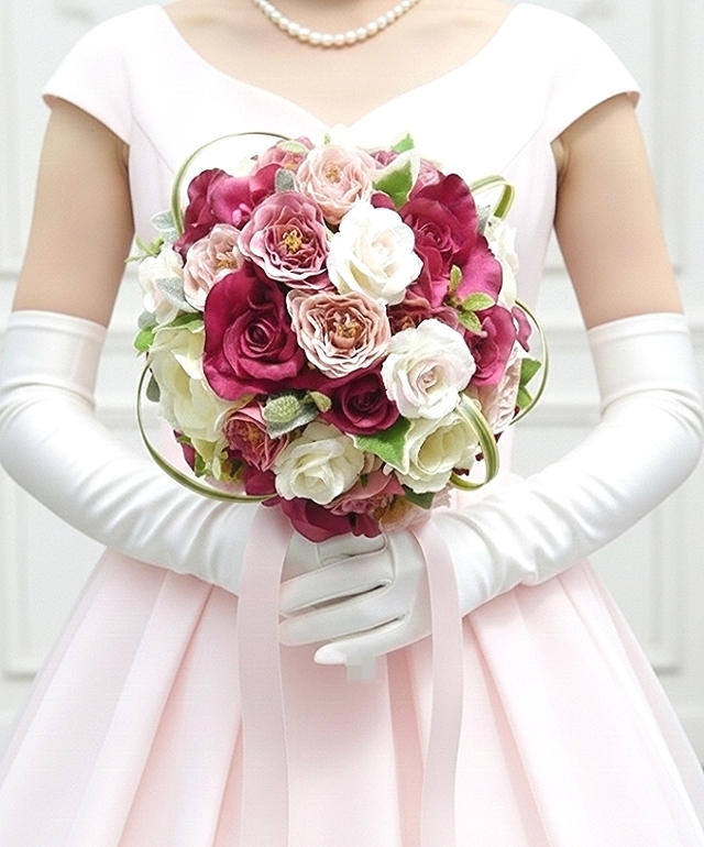 ビビッドピンク＆ソフトピンク＆白い薔薇のキュートなラウンドブーケ