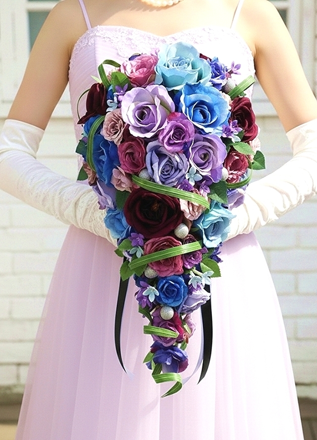 キャスケードブーケ 薔薇 白&パープル&ブルー系|造花ウエディングブーケ(アーティフィシャルフラワー)