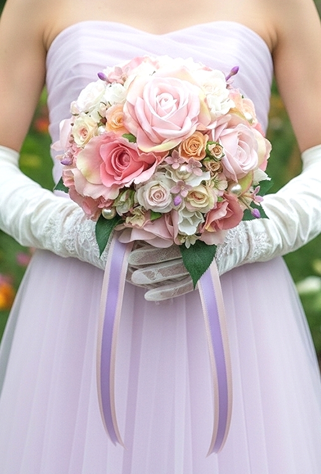 ペールピンク＆ソフトピンク＆パープル小花のふんわり色のラウンドブーケ