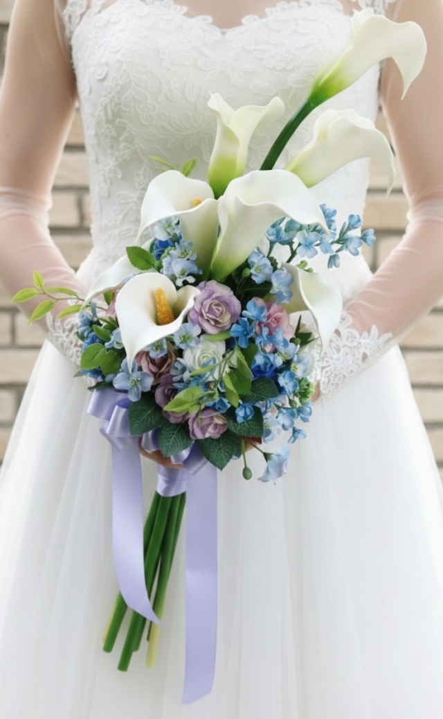 白いカラー＆パープルの薔薇・ブルー系小花のエレガントなアームブーケ