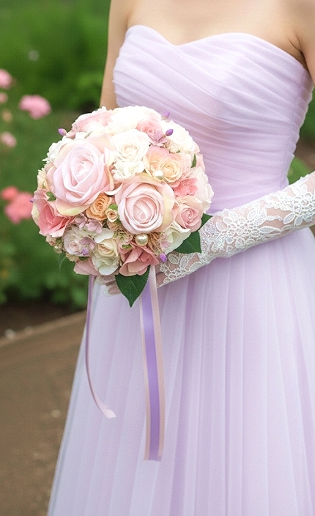 ペールピンク＆ソフトピンク＆パープル小花のふんわり色のラウンドブーケ