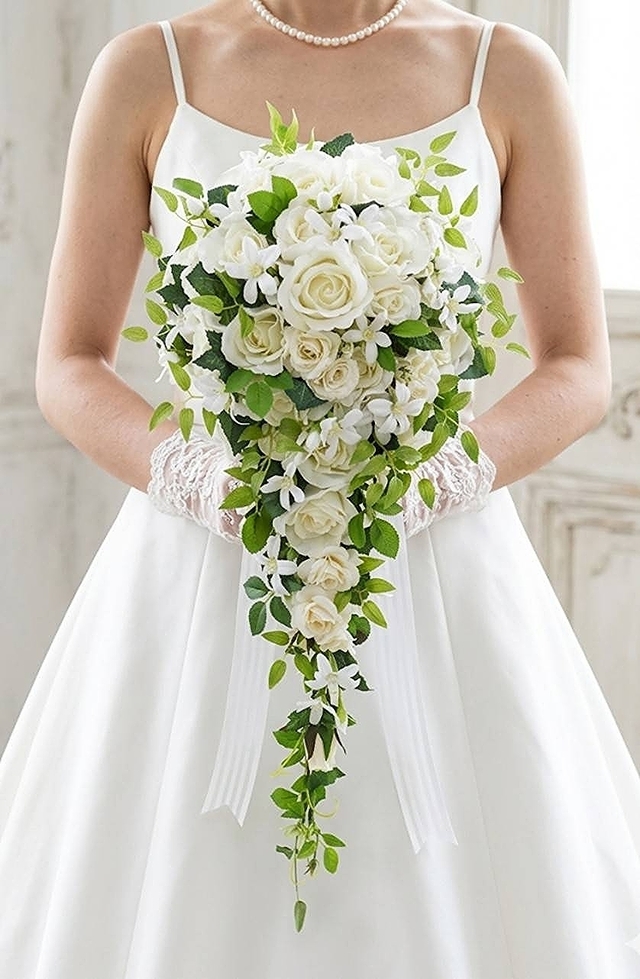 キャスケードブーケ 薔薇 白系｜造花ウエディングブーケ（アーティフィシャルフラワー）