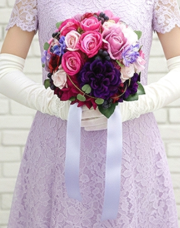 パープル＆青みピンクカラーの華やかラウンドブーケ