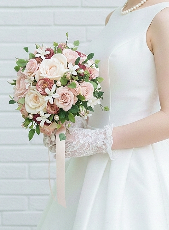 ソフトピンクの薔薇＆リボン・パールの優しいラウンドブーケ