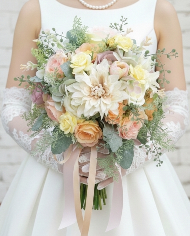 クリームベージュのダリア＆大人パステルのクラッチブーケ