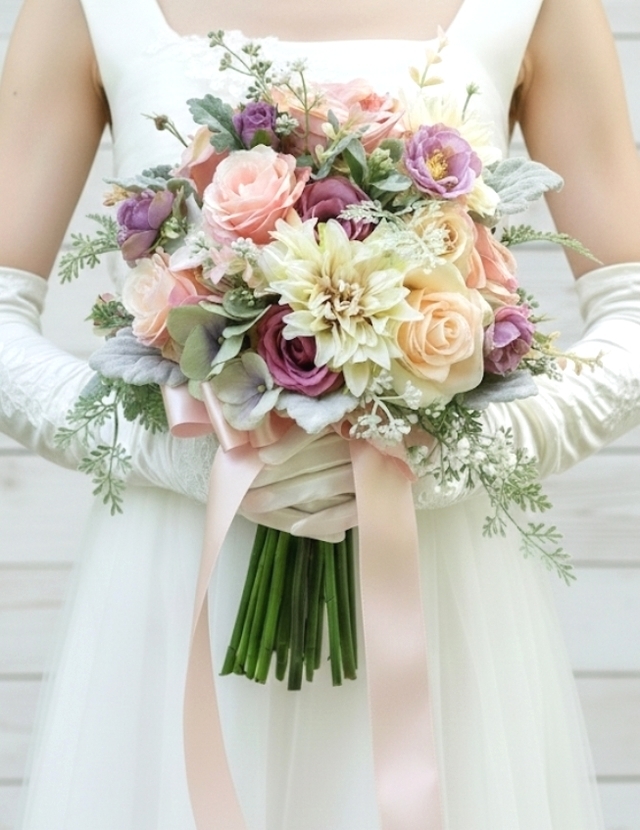 薔薇&ダリアの優しいアンティークカラーのクラッチブーケ