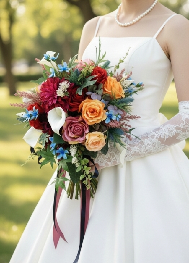 カラー＆ダリア＆薔薇の大人カラフルなクラッチブーケ