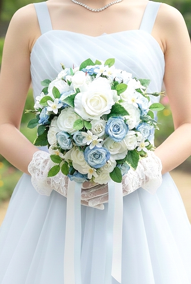 白薔薇＆ライトブルーのミニ薔薇の清楚なラウンドブーケ