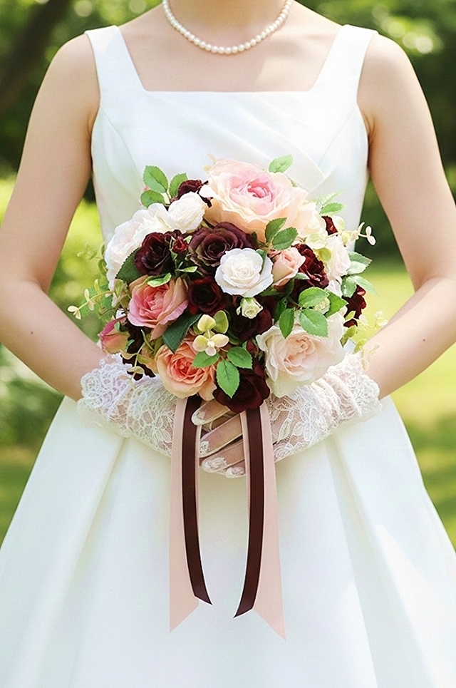 スモ―キーピンク＆モーブピンク＆ワインカラーのミニバラのラウンドブーケ