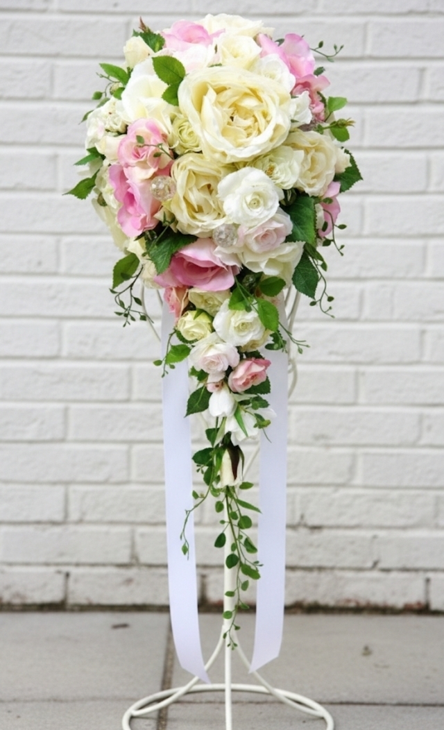 キャスケードブーケ　薔薇のウエディングブーケ（造花