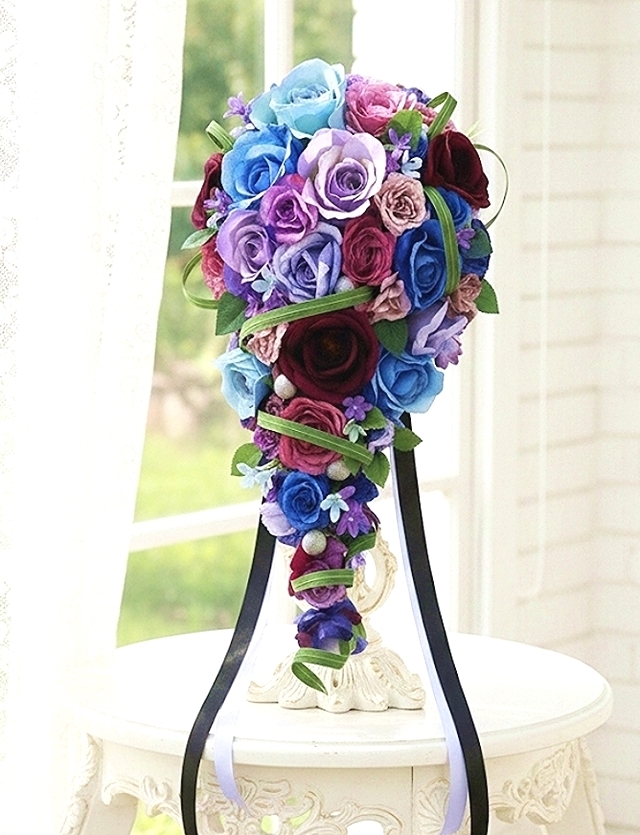 キャスケードブーケ 薔薇 白&パープル&ブルー系|造花ウエディングブーケ(アーティフィシャルフラワー)