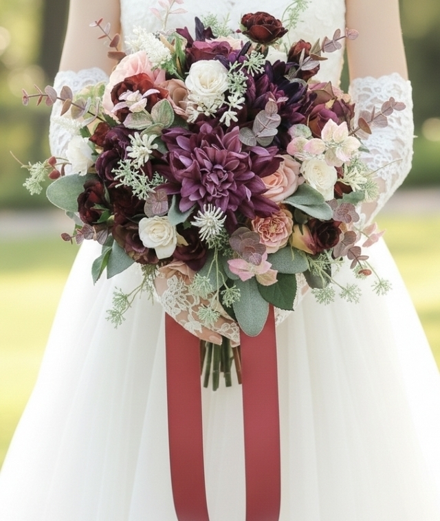ワインカラーのダリアのシックなクラッチブーケ