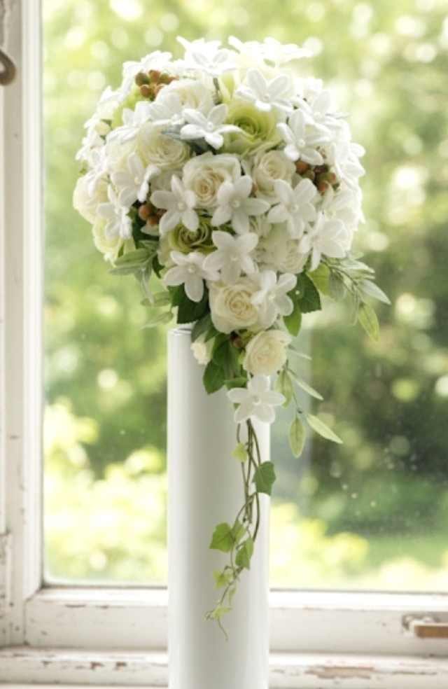 大輪の薔薇＆グリーンの実のキャスケードブーケ