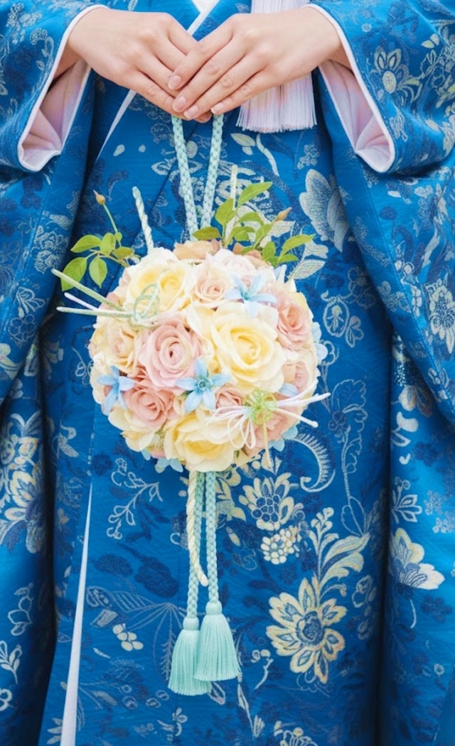 イエロー＆サーモンピンクの薔薇＆ブルースターの和装用ボールブーケ