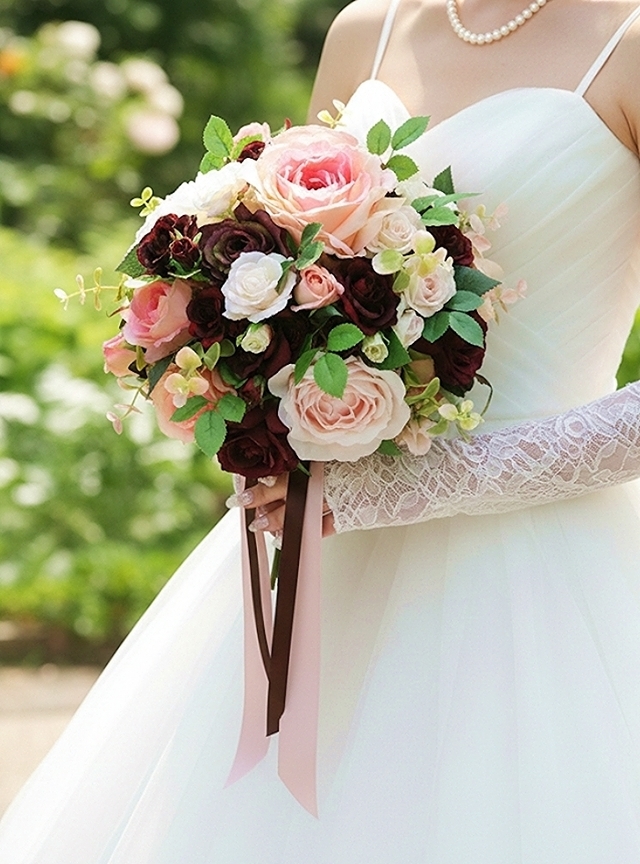 スモ―キーピンク＆モーブピンク＆ワインカラーのミニバラのラウンドブーケ