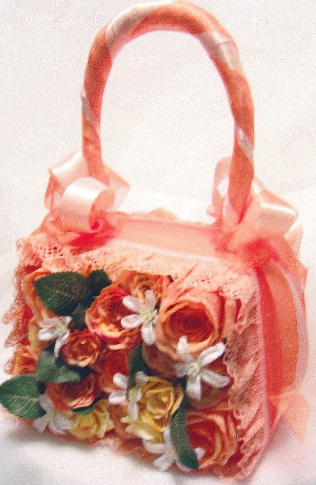 オレンジ＆イエローの薔薇・サテン地のロマンティックなハンドバッグブーケ