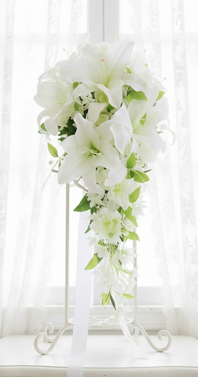 キャスケードブーケ カサブランカ 白系|造花ウエディングブーケ(アーティフィシャルフラワー)