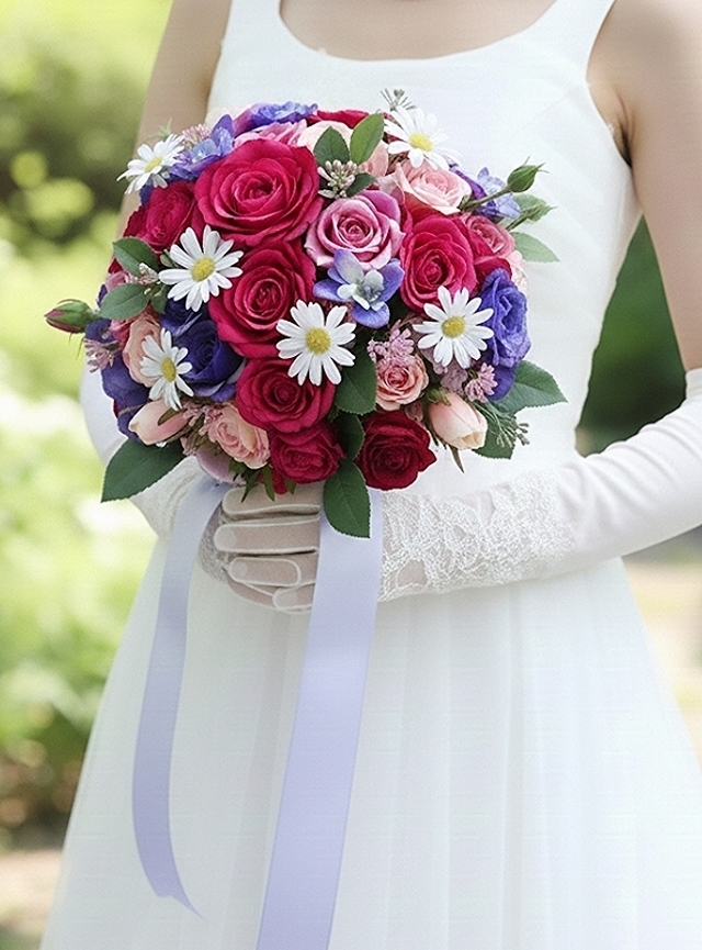 ピンクグラデーションの薔薇＆パープルカラー・可憐なデージーのラウンドブーケ