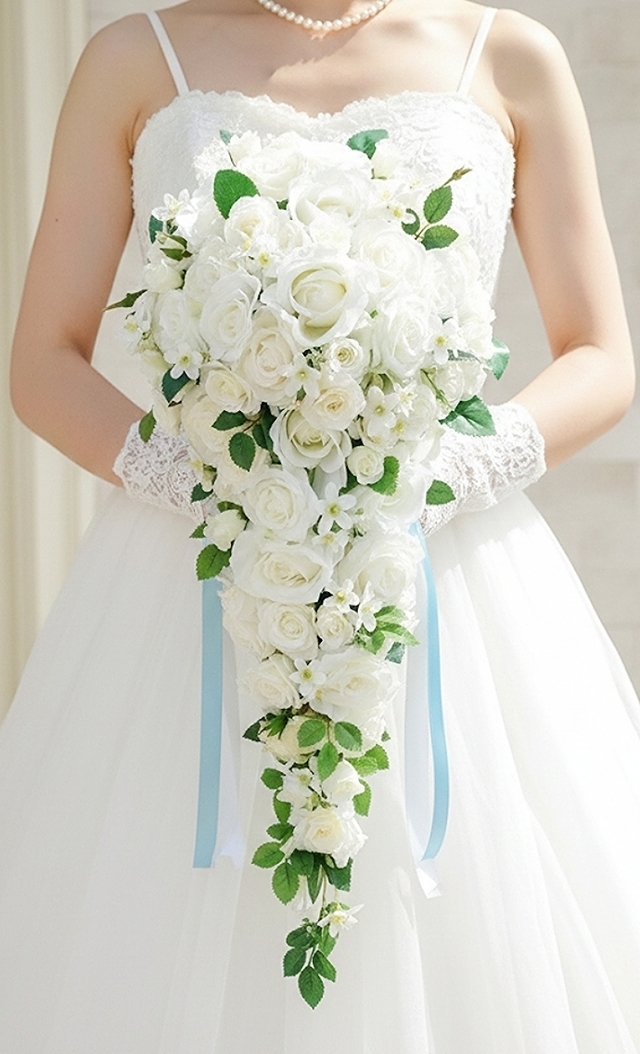 ホワイト系薔薇＆ホワイトスターのノーブルなロングキャスケードブーケ　ウエディングブーケ（造花）　