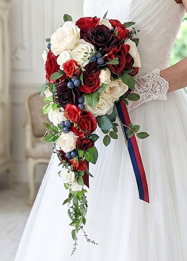 大輪のクリームホワイト＆深紅・ボルドーの薔薇＆ブルーベリーのエレガントなロングキャスケードブーケ　ウエディングブーケ（造花）