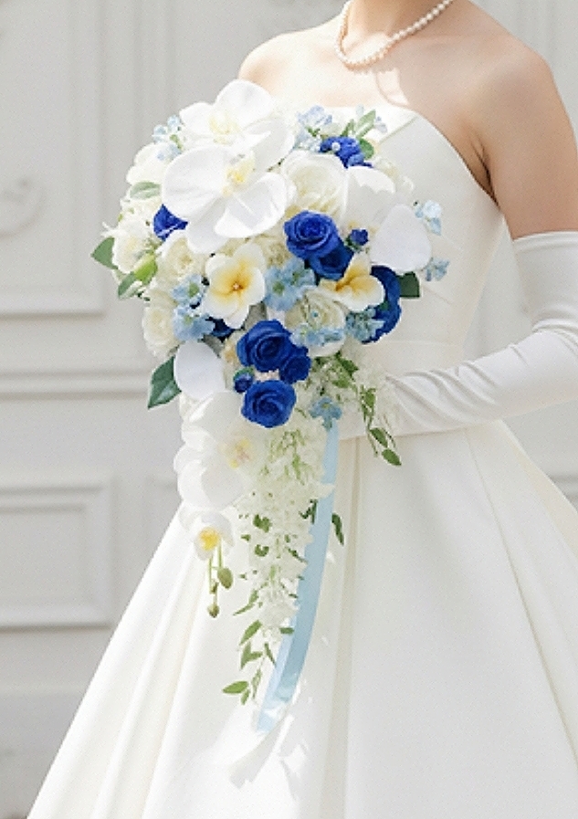 キャスケードブーケ 胡蝶蘭 プルメリア 白&ブルー系|造花ウエディングブーケ(アーティフィシャルフラワー)