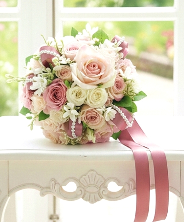 ソフトピンクの薔薇＆白い小花＆リボン・パール使いのお姫様色のブーケ