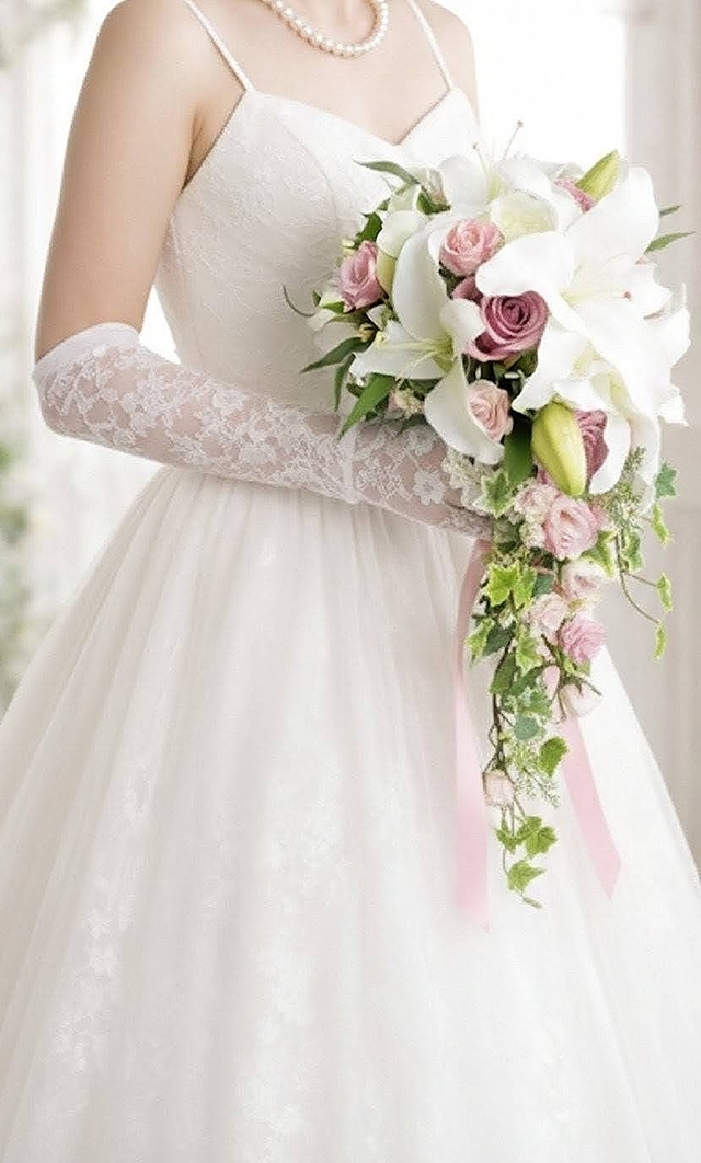 キャスケードブーケ カサブランカ 薔薇 白&ピンク系|造花ウェディングブーケ(アーティフィシャルフラワー)