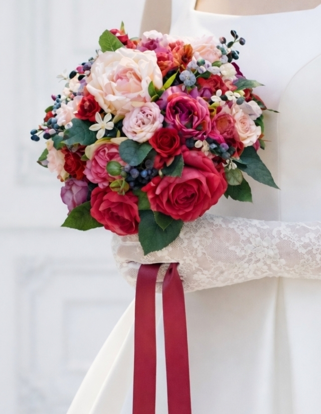 ピンクグラデーション＆パープルの薔薇＆実の物のエレガントなラウンドブーケ