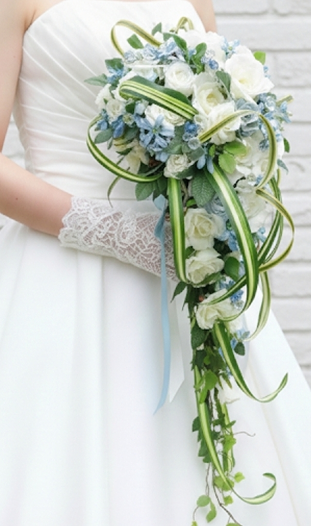 白薔薇＆ブルースター＆ナチュラルグリーンのロングキャスケード