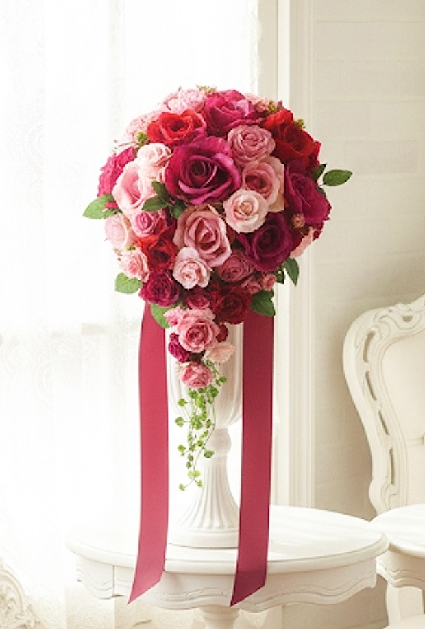 キャスケードブーケ 　薔薇　ピンク＆ローズ系｜造花ウエディングブーケ（アーティフィシャルフラワー）