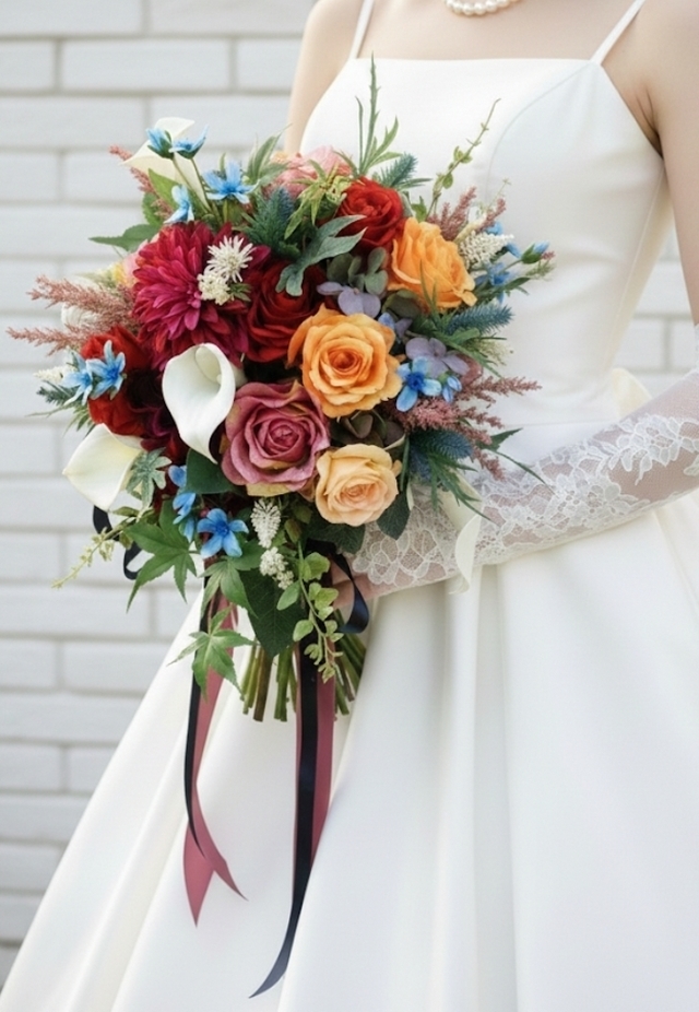 カラー＆ダリア＆薔薇の大人カラフルなクラッチブーケ