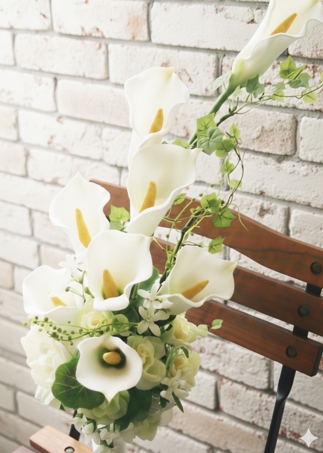 白いカラー＆大輪の薔薇のナチュラルラインブーケ